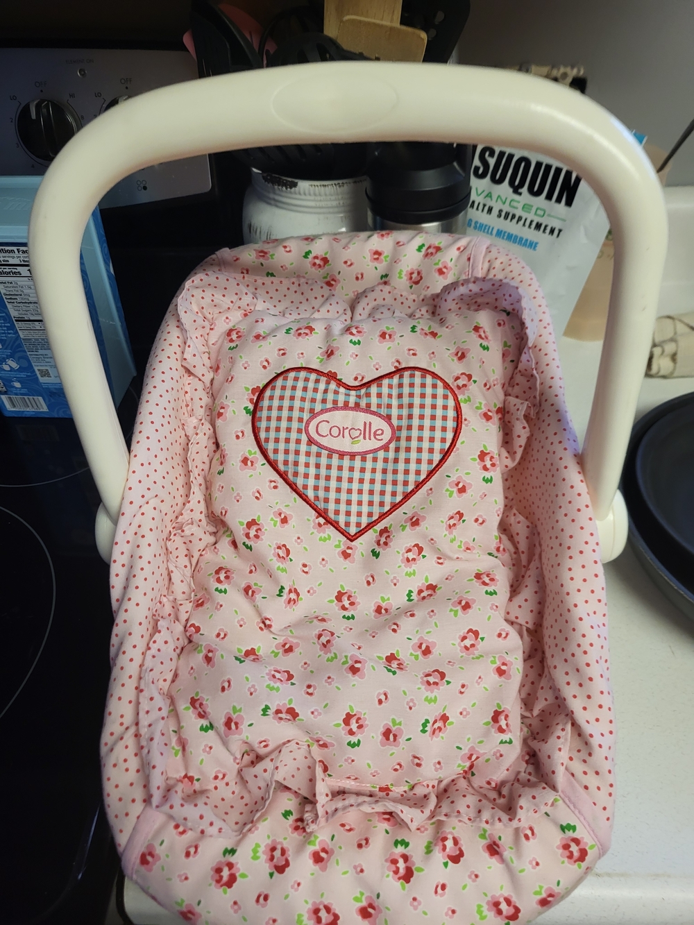 Corolle Mon Premier Doll Car Seat Carrier And Pink Floral Pillow Pad